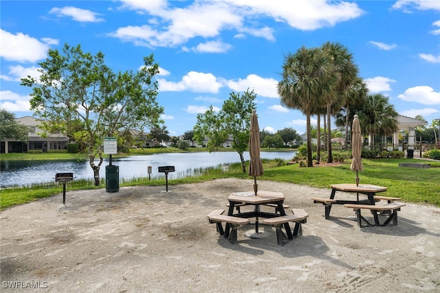 surrounding community with a lawn and a water view