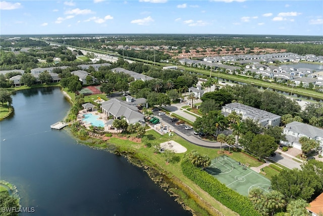 drone / aerial view featuring a water view