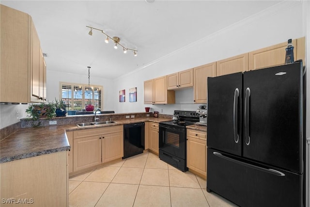 kitchen featuring light tile patterned floors, black appliances, light brown cabinets, and a sink