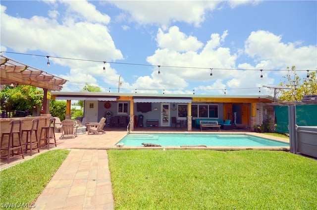 rear view of house featuring an outdoor living space, a patio, a lawn, and a pergola