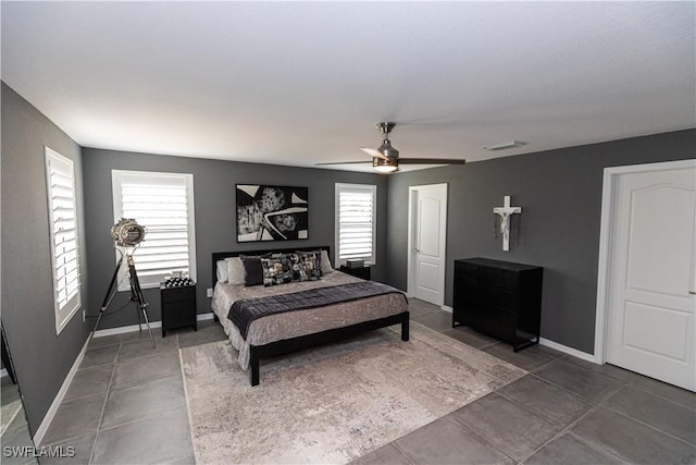 bedroom with visible vents, ceiling fan, and baseboards