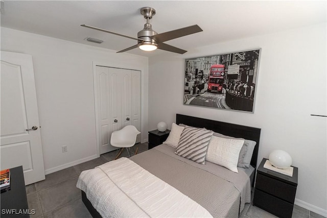 bedroom with a closet, visible vents, ceiling fan, and baseboards