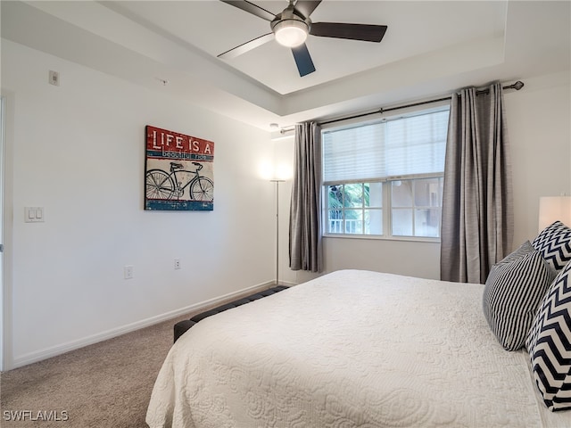 bedroom featuring a raised ceiling, carpet, and ceiling fan