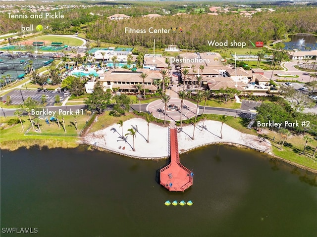 birds eye view of property featuring a water view