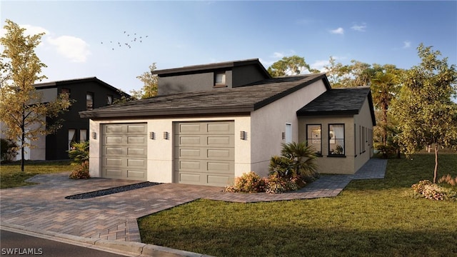 exterior space with stucco siding, a front lawn, decorative driveway, and a garage