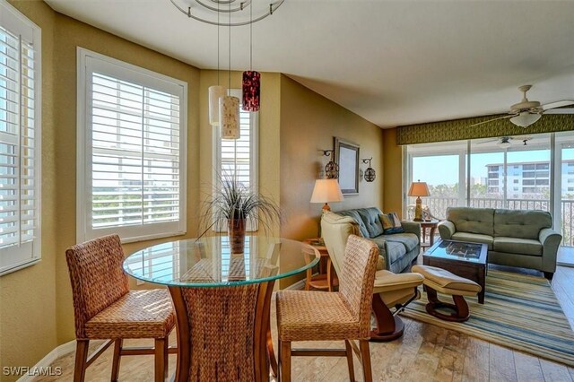 dining room with light hardwood / wood-style flooring, plenty of natural light, and ceiling fan