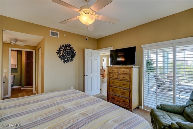 bedroom featuring ceiling fan and light colored carpet