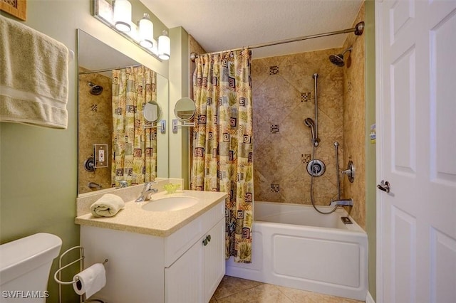 full bathroom with shower / bathtub combination with curtain, vanity, tile patterned flooring, and toilet