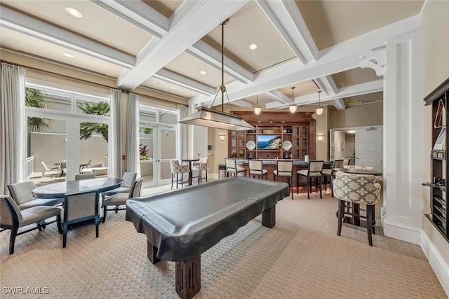 playroom with pool table, coffered ceiling, beam ceiling, and light carpet