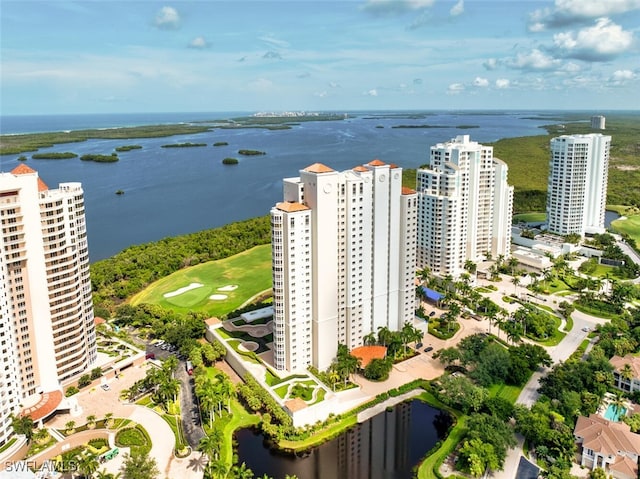 aerial view featuring a water view