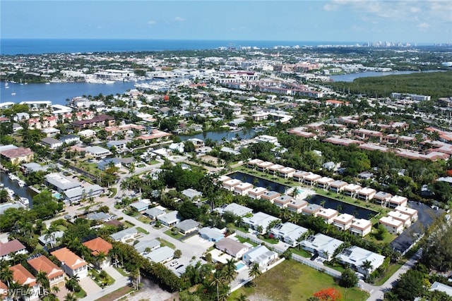 drone / aerial view with a water view