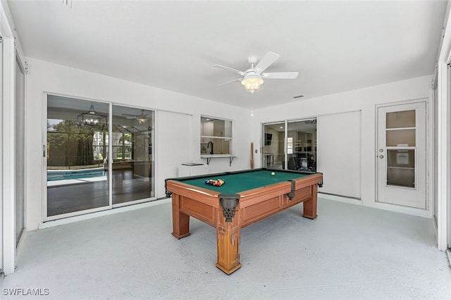 rec room with ceiling fan and pool table