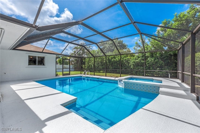 view of swimming pool featuring an in ground hot tub, a patio, and glass enclosure