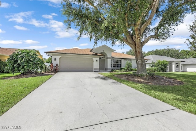 ranch-style house with a front lawn and a garage