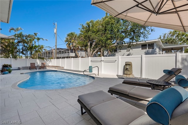 view of swimming pool featuring a patio and an outdoor hangout area