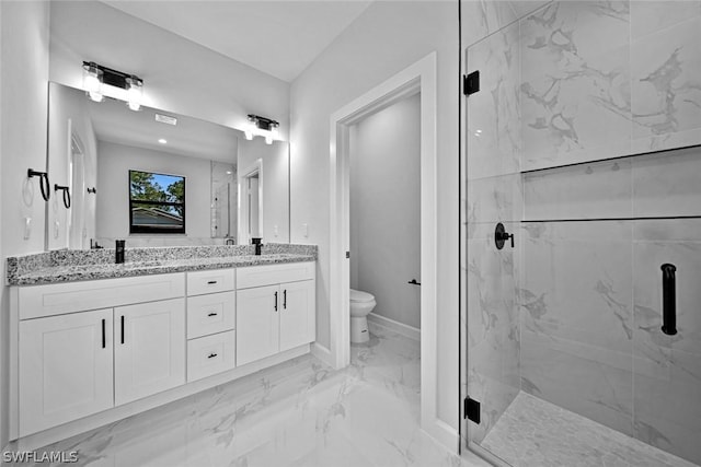 full bathroom with toilet, marble finish floor, a marble finish shower, and a sink