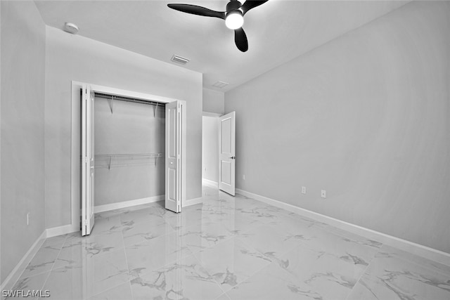 unfurnished bedroom featuring a closet, light tile patterned floors, and ceiling fan