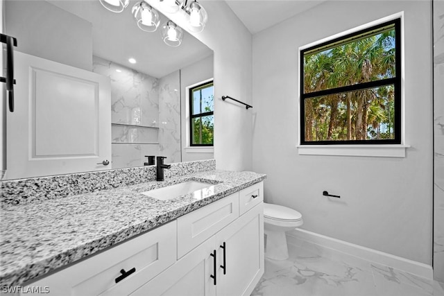 full bathroom featuring toilet, marble finish floor, recessed lighting, baseboards, and vanity