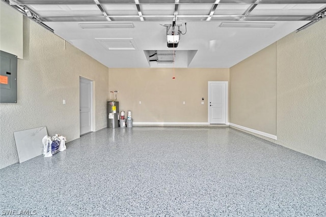 garage with electric panel, electric water heater, a garage door opener, and baseboards