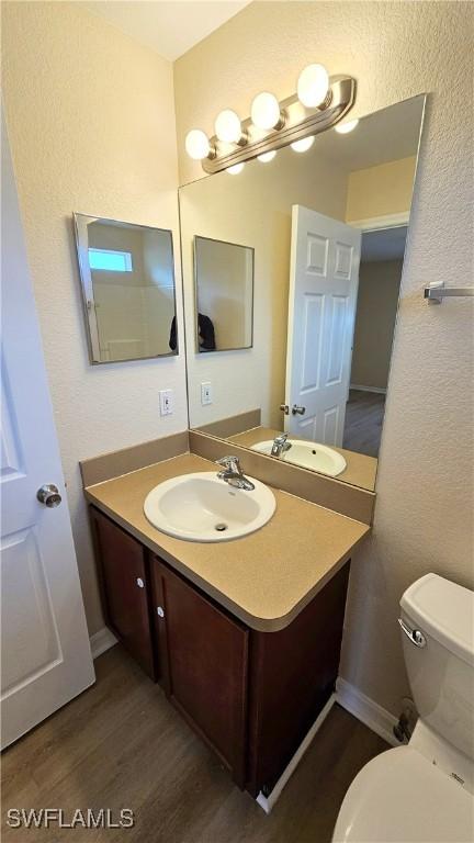 bathroom featuring vanity, toilet, and wood-type flooring