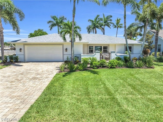 single story home featuring an attached garage, a front lawn, decorative driveway, and stucco siding