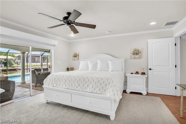 tiled bedroom with crown molding, ceiling fan, and access to outside