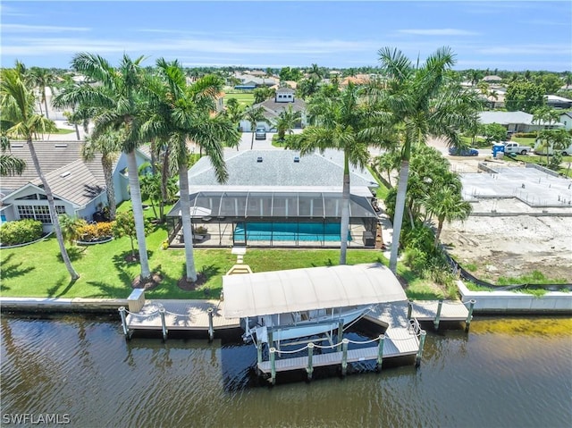 drone / aerial view featuring a water view