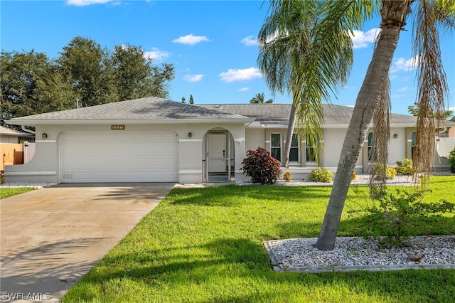 ranch-style house featuring a garage, driveway, a front yard, and stucco siding