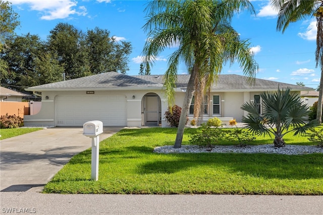 ranch-style house with a garage and a front lawn