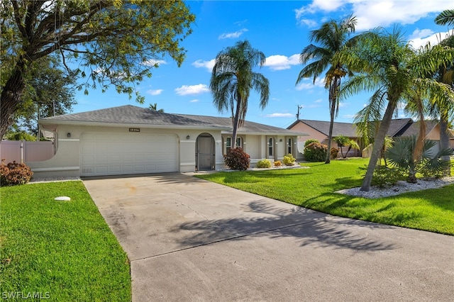 ranch-style house with concrete driveway, stucco siding, an attached garage, a gate, and a front yard