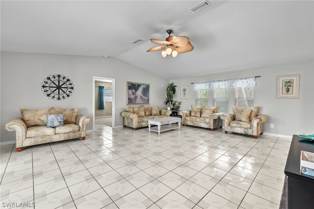 living room featuring light tile patterned flooring, ceiling fan, and lofted ceiling