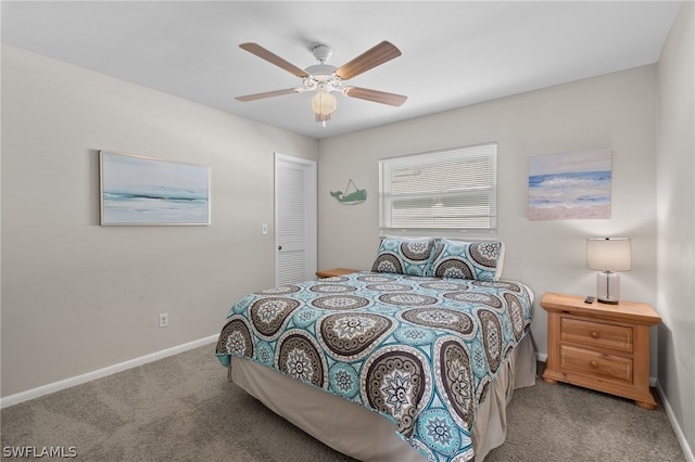 bedroom with carpet floors, baseboards, and a ceiling fan