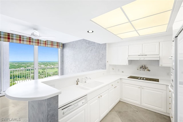 kitchen with black electric stovetop, under cabinet range hood, dishwasher, a peninsula, and a sink