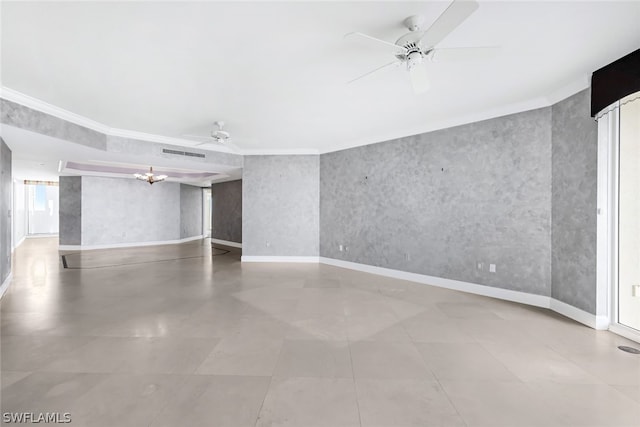 unfurnished room featuring visible vents, ceiling fan with notable chandelier, crown molding, and baseboards