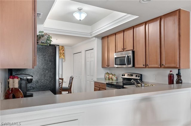 kitchen with crown molding, stainless steel appliances, a tray ceiling, and sink