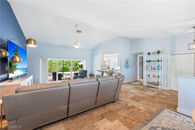 living room featuring lofted ceiling and ceiling fan