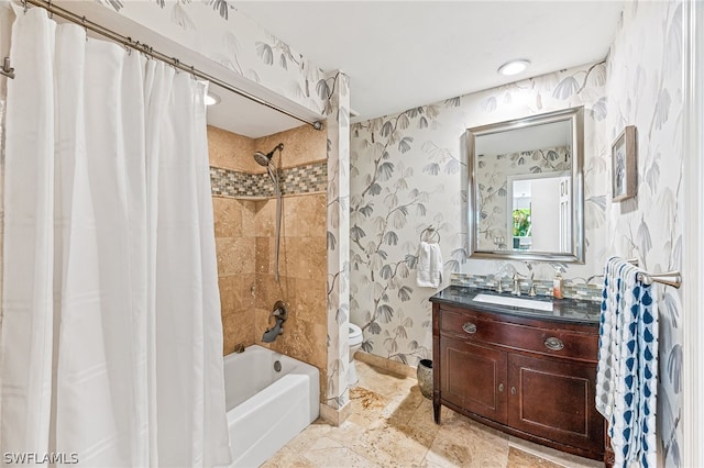 full bathroom featuring vanity, shower / bath combination with curtain, and toilet