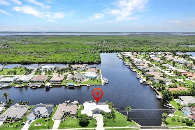 drone / aerial view featuring a water view