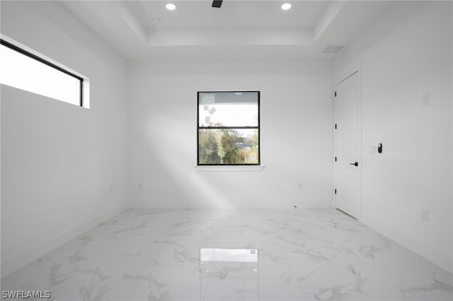 unfurnished room featuring a tray ceiling and plenty of natural light