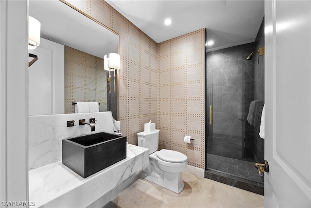 bathroom with sink, toilet, and walk in shower