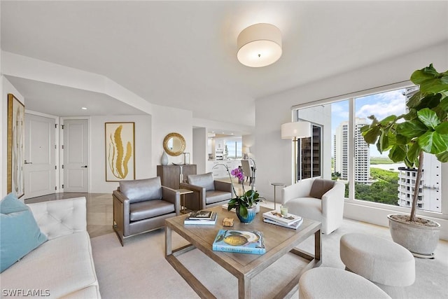 living room with light colored carpet