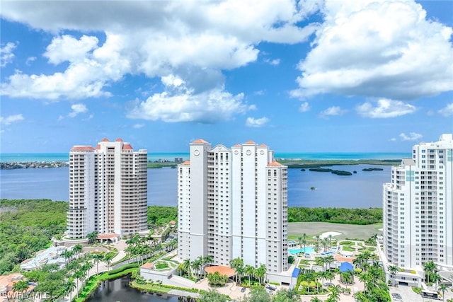 drone / aerial view featuring a water view