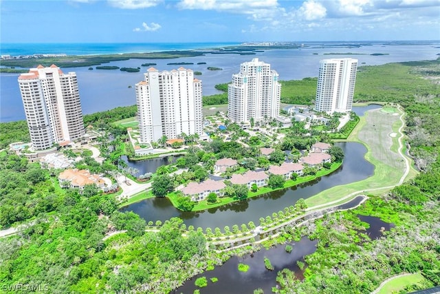 aerial view featuring a water view