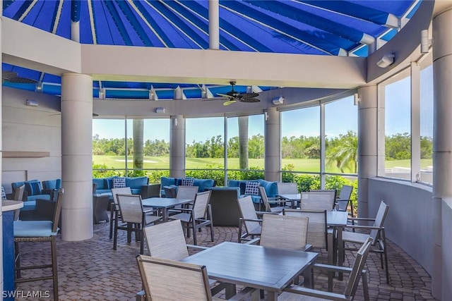 view of patio with a gazebo and ceiling fan