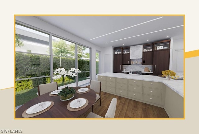 kitchen featuring sink, dark brown cabinets, dark hardwood / wood-style flooring, and backsplash