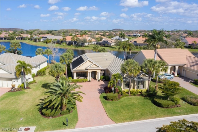 aerial view featuring a water view