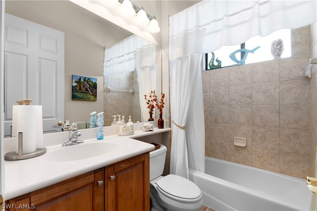 full bathroom with shower / bath combination with curtain, toilet, and vanity