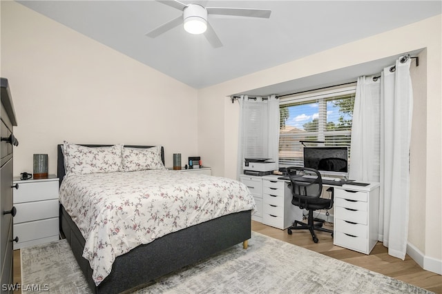 bedroom with ceiling fan and light wood-type flooring