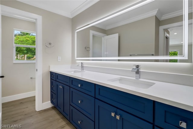 bathroom with vanity, hardwood / wood-style flooring, and crown molding