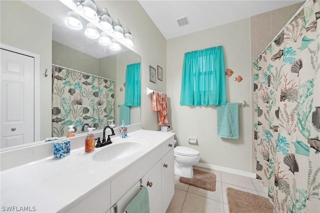 full bath featuring visible vents, baseboards, toilet, tile patterned flooring, and vanity